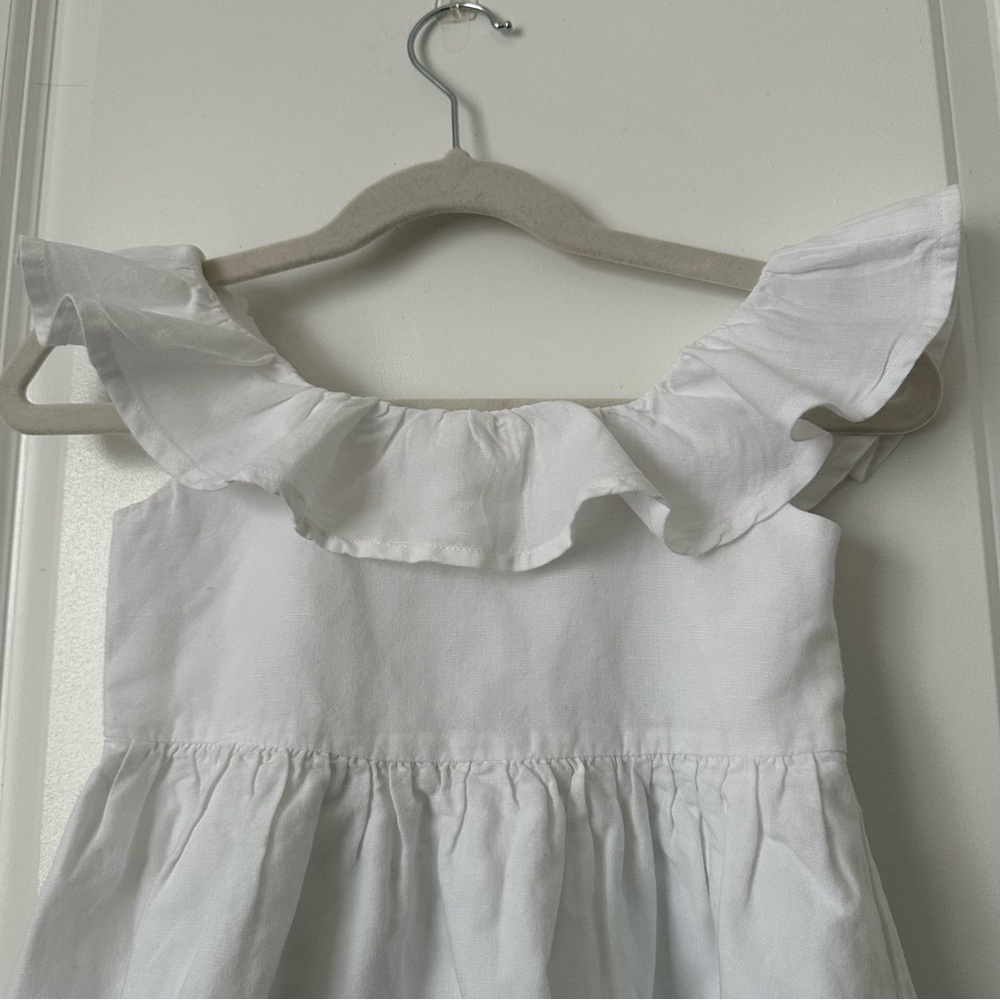 White cotton linen blend ruffle neck dress